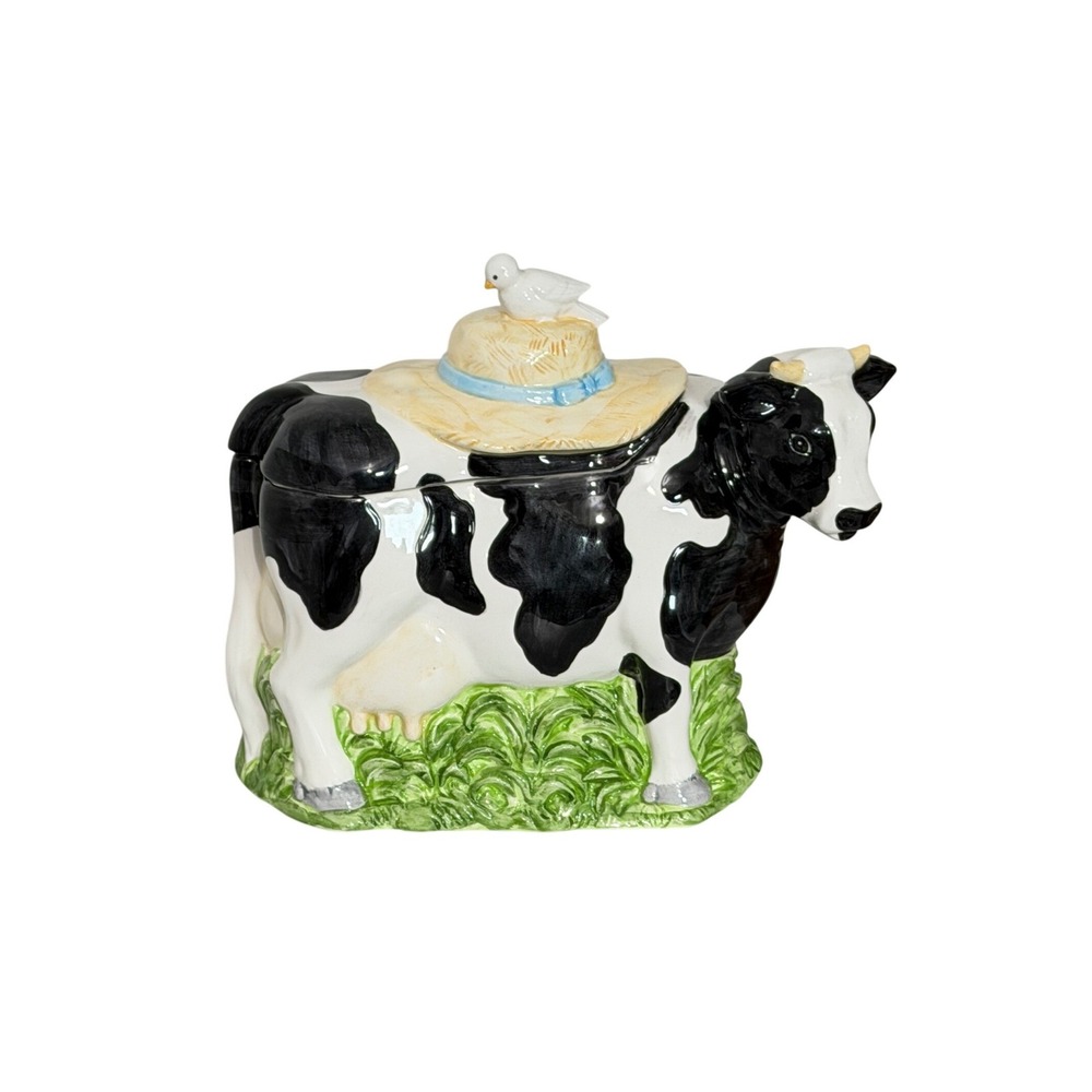 Vintage 80's Cow Cookie Jar Kitchen Decor Large Black White Straw Hat Bird